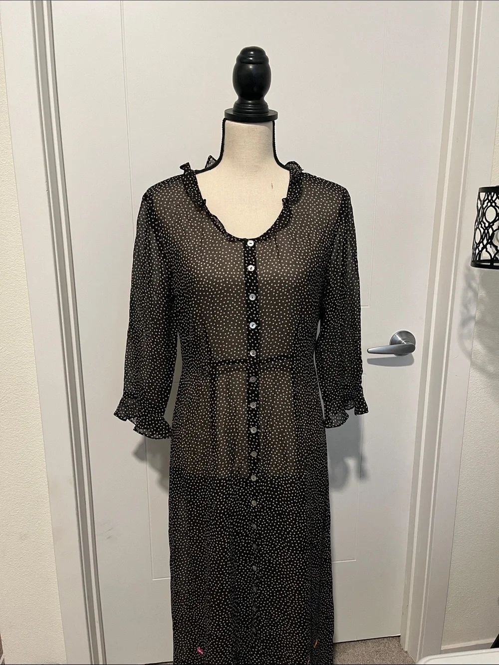 Y2K Garnet Hill 100% Silk Black Button-Front Polka Dot Midi Dress Cottagecore